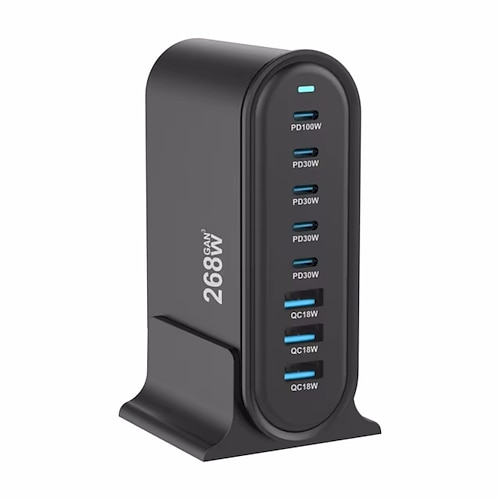 268 W USB-Ladegerät mit mehreren Anschlüssen, USB-C-Schnellladegerät, 8-Port-Ladestation, Hub, schnelles kompaktes Gan-Ladegerät, Netzteil Image