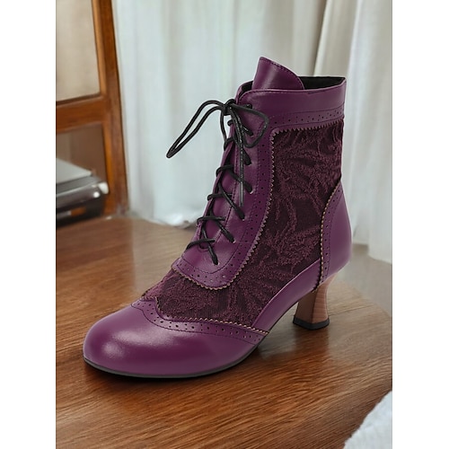 Damenstiefeletten im viktorianischen Stil mit Spitzendesign und Kunstlederakzenten – Vintage-Schnürschuhe für Freizeit- und Kostümanlässe Image
