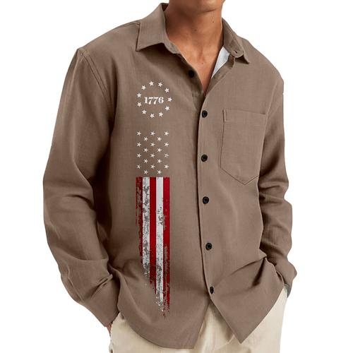 Men's American US Flag Patriotic Beach Shirt Button Up Shirt Long Sleeve Hawaiian Vacation Street Daily Fall Winter Spring Summer Collared Shirts 3D Print Dark Red Black Light Brown Gray