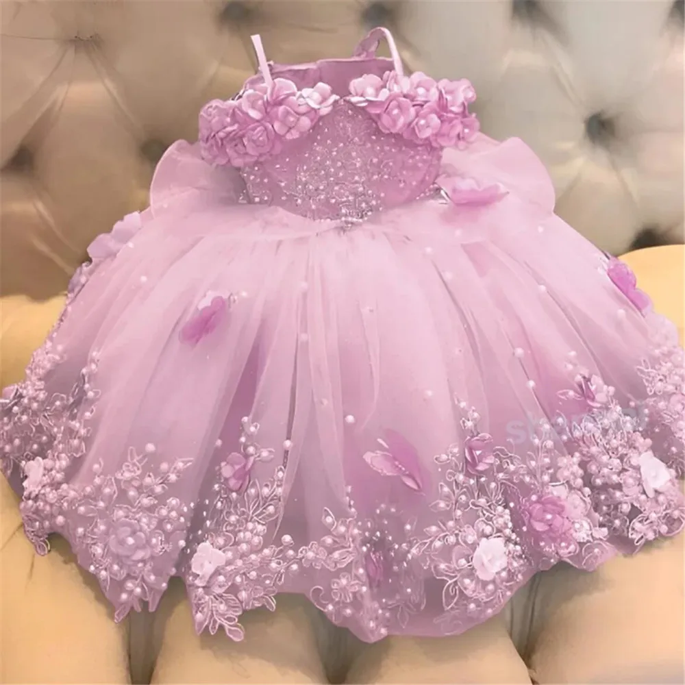 Baby Mädchen Kleider aus Schulter Perlen Spitze Schmetterlinge Blumen mädchen Kleid Kleinkind erste Geburtstags feier Kleid Image
