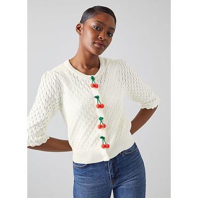 Mary Ivory Cotton Pointelle Cherry Button Cardigan Cream, Cream