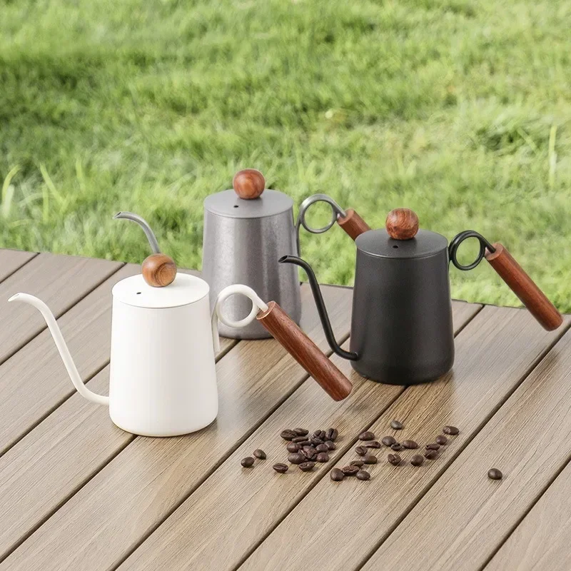 Handgebrühte Kaffeekanne, Aufbrühkessel, Ring, Holzgriff, Edelstahl, feiner Mund, Tropfkessel, manuelle Kaffeemaschine Image