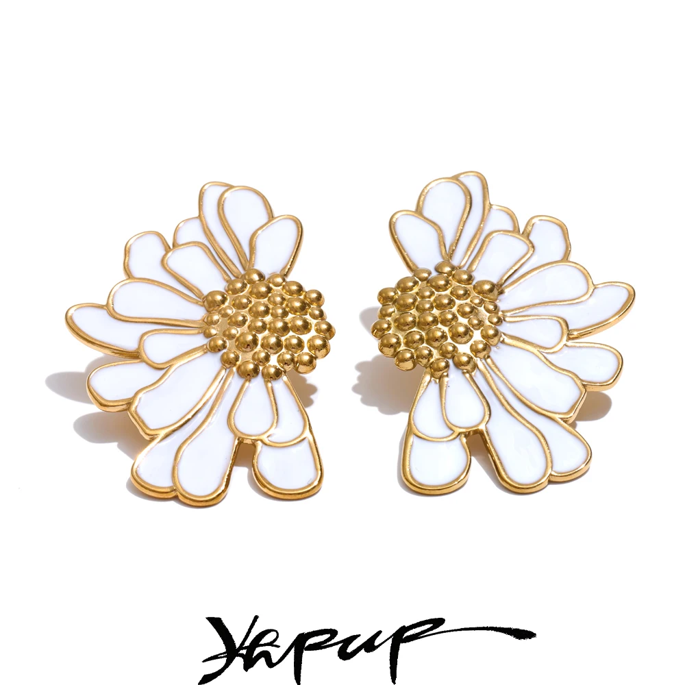 Yhpup Große weiße schwarze Emaille-Blumen-Statement-Mode-Ohrstecker, 18 Karat Gold, PVD-beschichteter Edelstahl, Schmuck, Geschenk