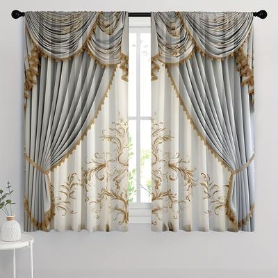 TEMU 2pcs Set European Vintage Geometric Floral Sheer Curtains - Rod , , Soft & Washable Polyester Fabric, Light Filtering For Bedroom, Living Room, Dining, And Bathroom Decor