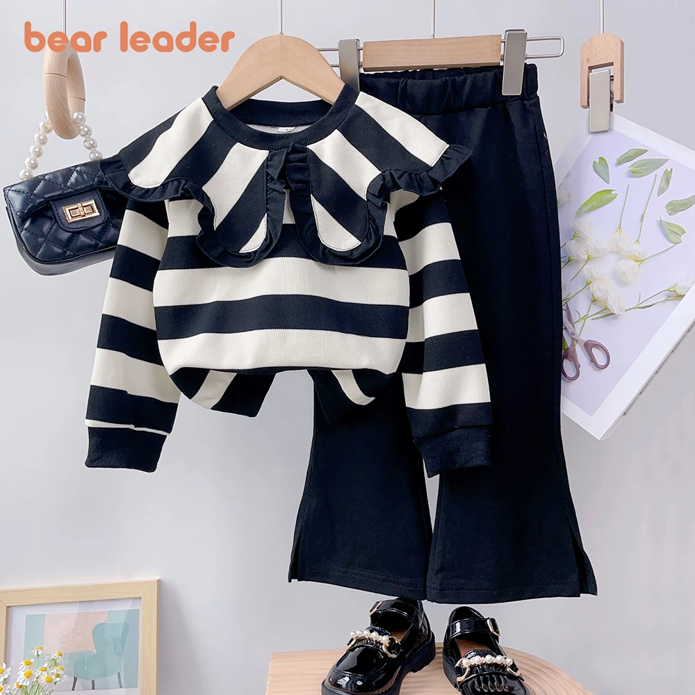 Bären führer 3-7 Jahre alt koreanischen Stil Mädchen Freizeit kleidung Herbst neue lang ärmel ige gestreifte Top einfarbige Hose 2-teiliges Set Image