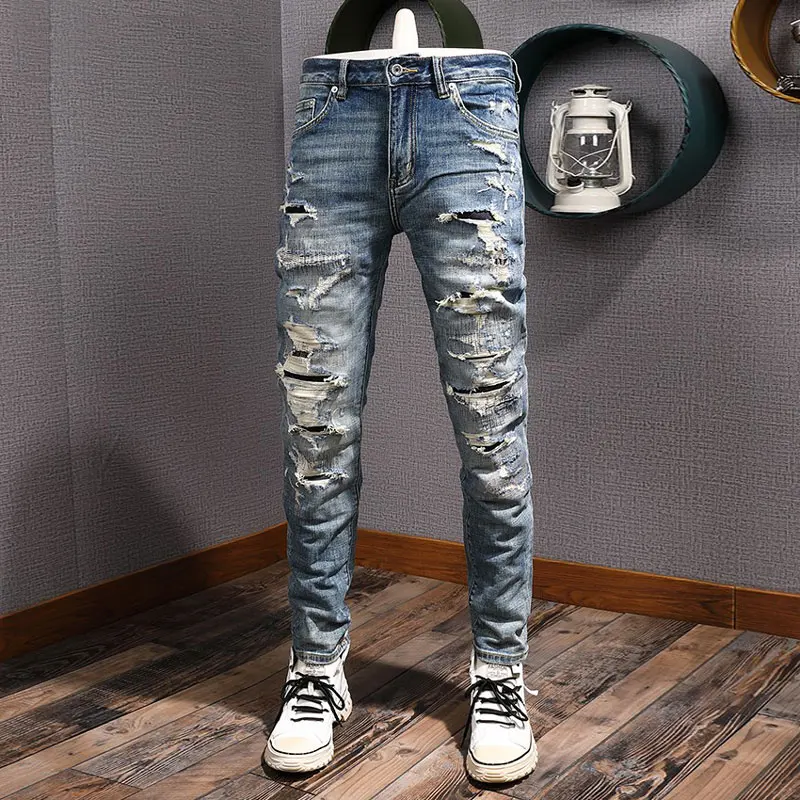 Street Fashion Männer Jeans Retro Blau Stretch Slim Fit Loch Zerrissene Jeans Männer Gepatcht Designer Hip Hop Vintage Denim Hosen Hombre
