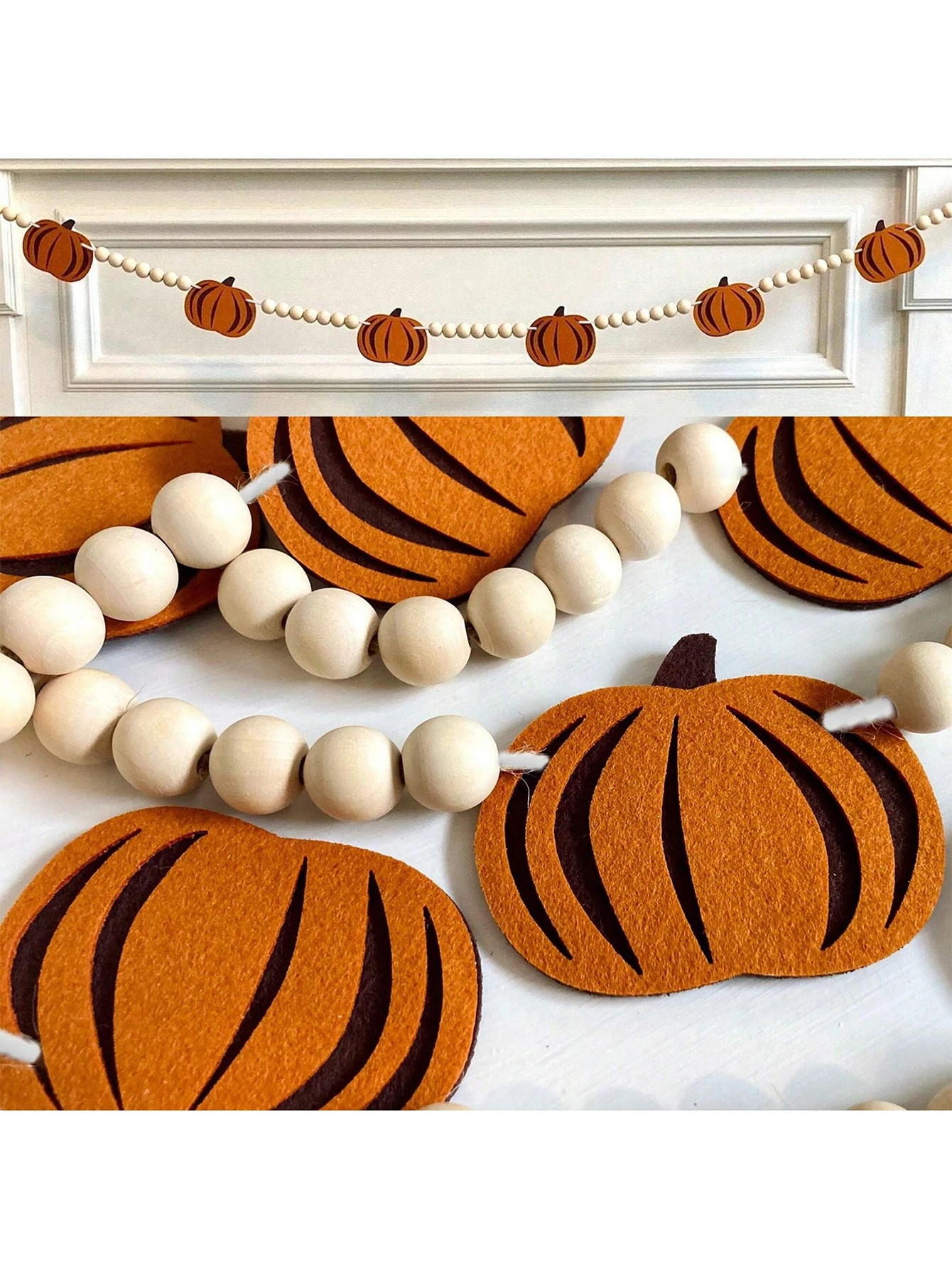 Kürbis Halloween Girlande Filz Kürbis Girlande Holz perlen Girlande Halloween Thanksgiving Dekorationen für Schlafzimmer Wohnkultur Image