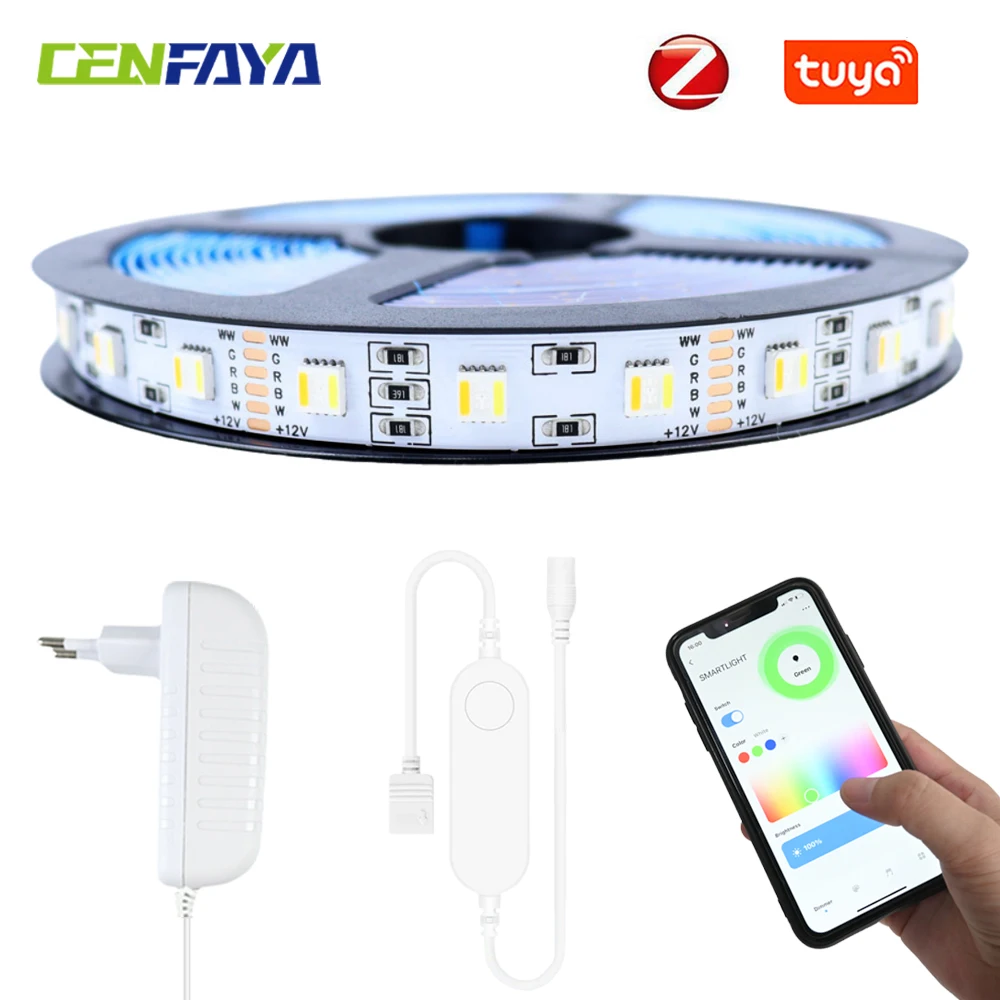 Tuya zigbee 5 in1 rgb cct led streifen licht 5050smd 12v 1m 2m 3m 4m 5m rgbcw flexible band app steuerung für google assistent alexa Image