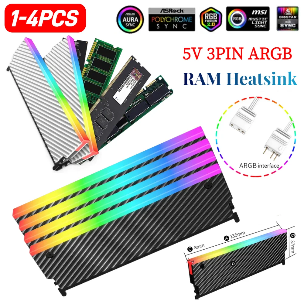 5v 3pin Argb RAM Kühlkörper Aluminium legierung Speicher Kühlkörper mit thermischem Silikon kissen für DDR2 DDR3 DDR4 DDR5 Desktop-PC-Speicher Image