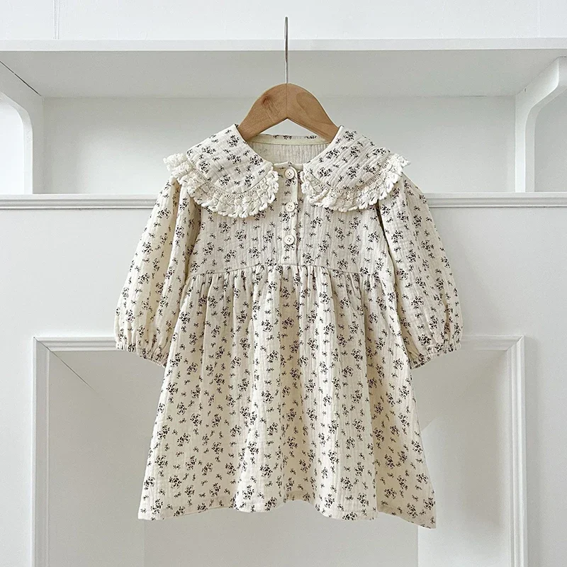 Herbst Kinder Mädchen Kleid 2-7Yrs Casual Floral Kinder Kleidung Baumwolle Spitze Kragen Baby Mädchen Prinzessin Kleid Neue Blumenmädchen Kleider Image