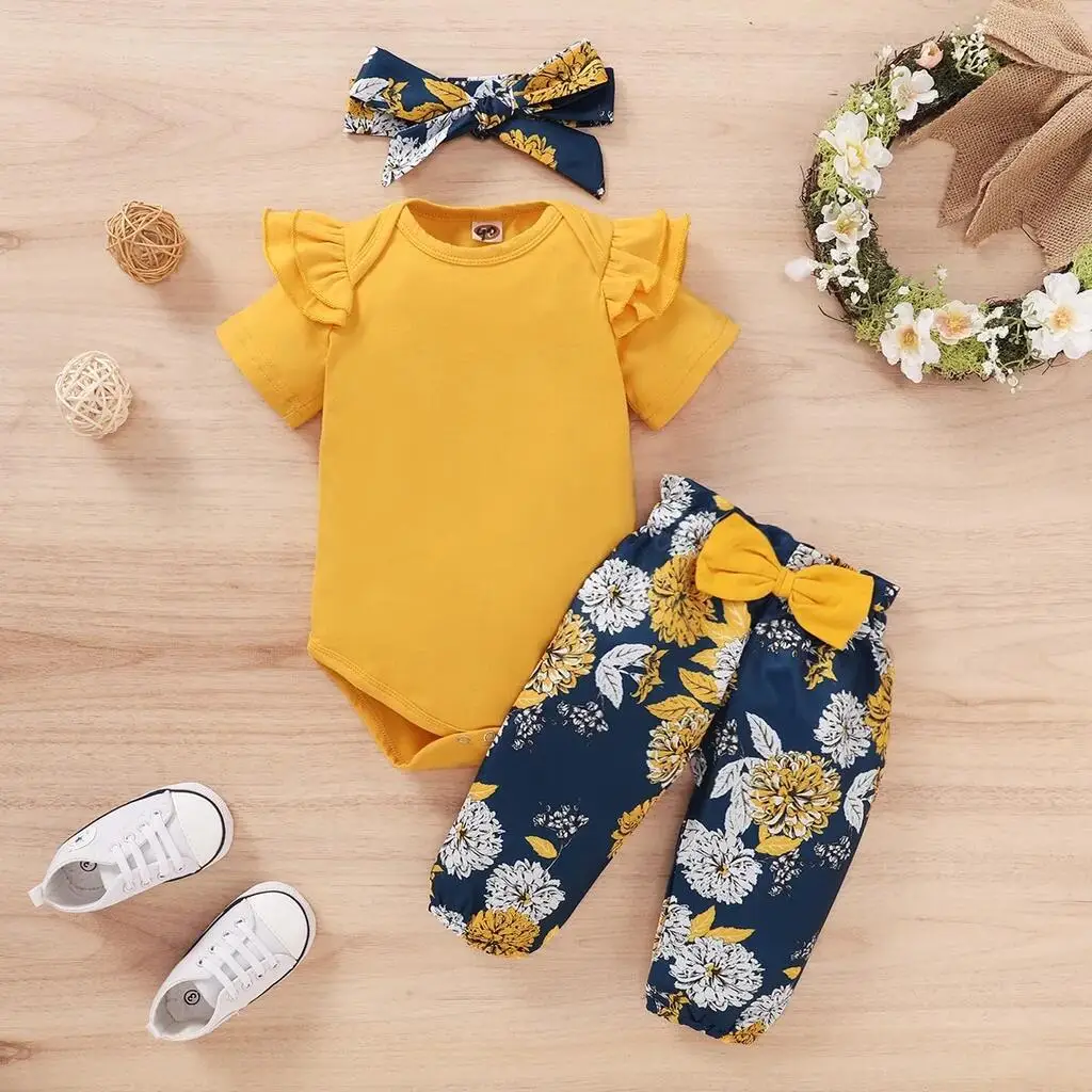 Neugeborene Mädchen Kleidung Set Kurzarm Bodysuit Blumen hose mit Schleife Stirnband 3 Stück Outfits Kleinkind Baby Mädchen Kleidung Image