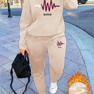 TEMU Casual Knit Polyester Tracksuit Set With Crew Neck And Printed - Qatar Heartbeat Graphic Sweatshirt And Joggers Outfit Image