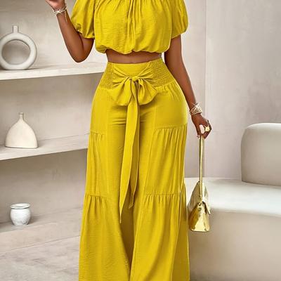 TEMU Solid Two-piece Pants Set, Vacation Style Off Shoulder Puff Sleeve Top & Shirred Waist Wide Leg Pants Outfits For Summer, Women's Clothing