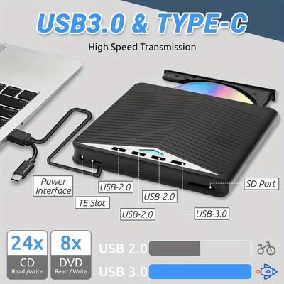 TEMU Hitoor 7 In 1 External Cd Dvd Drive - External Cd/ Dvd Drive For Laptop, Usb 3.0 And Type-c Portable Cd Dvd +/ -rw Drive Reader, Dvd/ Cd Rom Burner Rewriter For Laptop Pc / 10/ 8.1/ 7/ Linux,