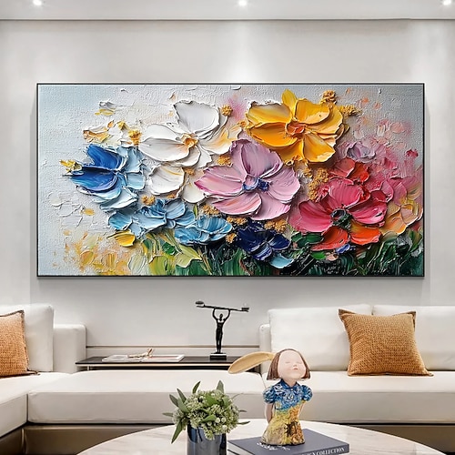 handgefertigtes Original-Ölgemälde mit 3D-Texturblumen auf Leinwand, abstrakte farbenfrohe florale Wandkunst für die Inneneinrichtung mit gespanntem Rahmen ohne Innenrahmen Image