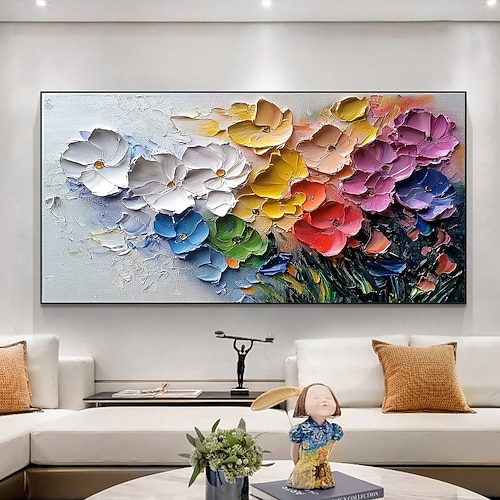 handgefertigtes Original-Ölgemälde mit 3D-Texturblumen auf Leinwand, abstrakte farbenfrohe florale Wandkunst für die Inneneinrichtung mit gespanntem Rahmen ohne Innenrahmen Image