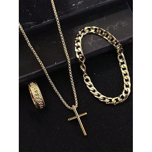 Herren-Set aus Kreuzkette, Kettenarmband und graviertem Ring aus Legierung – langlebiger und stilvoller christlicher Schmuck Image
