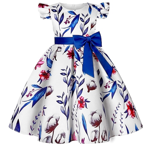 kinderkleidung Mädchen Kleid Party Kleid Blume Kurzarm Leistung Taufkleid Krawattenknoten Prinzessin Polyester Midi abendkleider Sommer Frühling 3-10 Jahre Weinrot Mehrfarbig Farbe blau Image