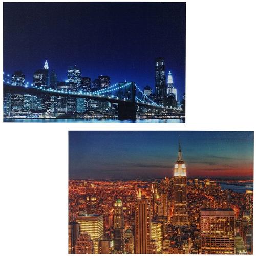 2er-Set LED-Bild Leinwandbild Leuchtbild Wandbild 40x60cm, Timer Skyline New York