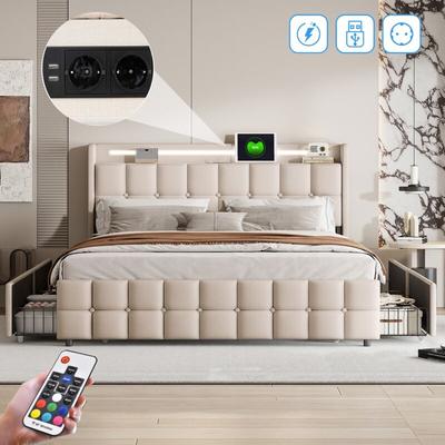 Doppelbett 180x200 cm, mit 4 Schubladen Stauraum, LED-Beleuchtung, USB-Ladefunktion, Lattenrost, Image