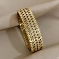Mode Doppelschicht Blätter Vergoldet Edelstahl Manschette Armreifen Armbänder für Frauen Breites Armband Schmuck Wasserdicht