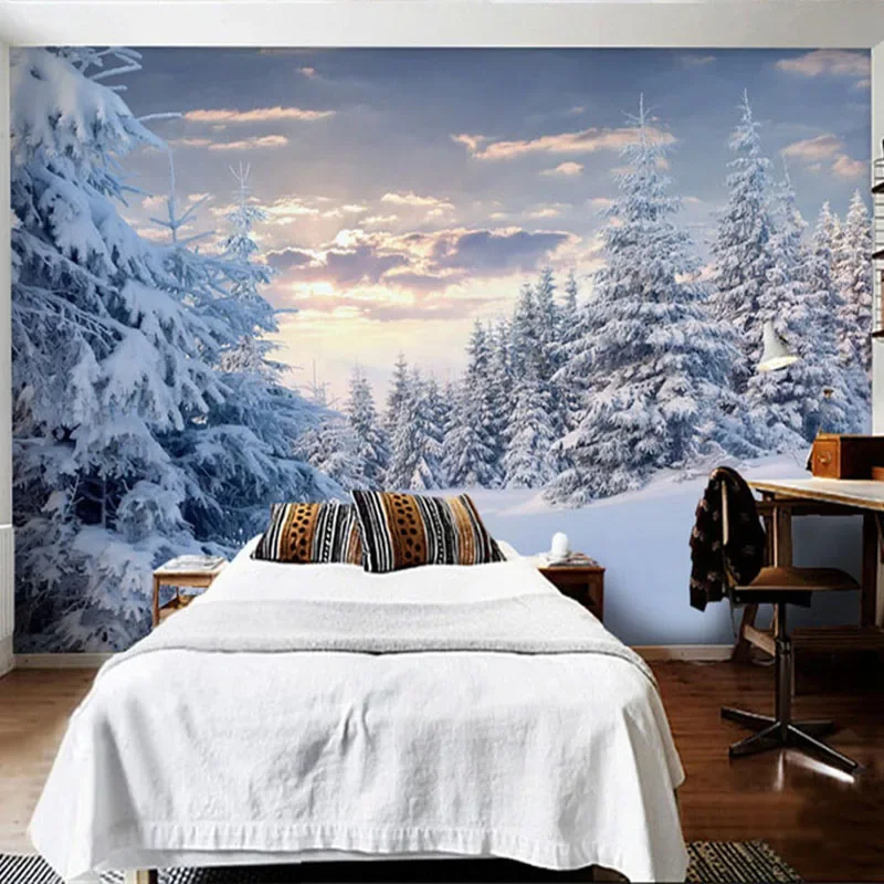 Nach Wandbild Tapete 3D Schnee Mountain View Weiß Wald Landschaft Foto Wand Malerei Wohnzimmer Restaurant Papel De Parede 3 D