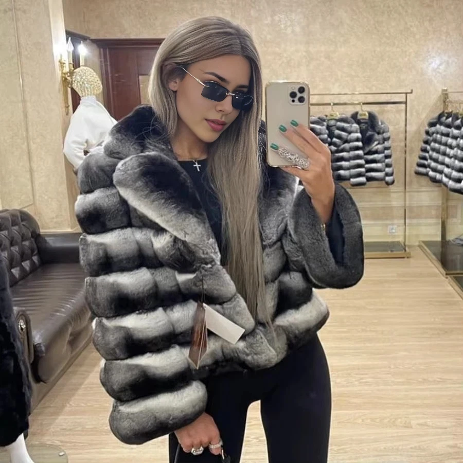 Frauen Natürliche Pelzmantel Kurze Winter Mäntel Damen Lange Chinchilla Jacke Echt Rex Kaninchen Fell Luxus Marke Kontrast Image