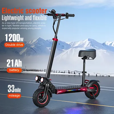 Foldable 1200W Electric Scooter with Seat for Adults, 11'' Off-road Tires, 48V 21Ah Battery, 33Miles