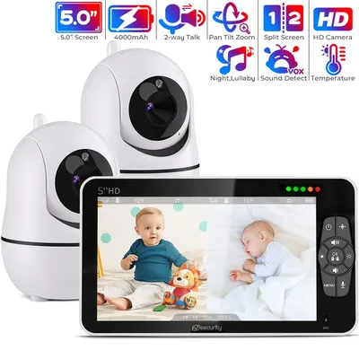 5 Zoll Babyphone Monitor mit 2 Kameras Geteilter Bildschirm PTZ Nanny -Kamera Zwei-Wege-Gegensprechanlage HD Nachtsicht Baby Telefon 22-Stunden-Batterie, Vox Video Babysitter