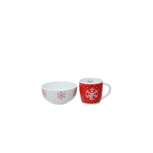 2x Frühstücksgeschirr Keramik 14x7cm - Schüssel & Tasse Set mit Weihnachtsmotiv Weihnachtsgeschirr Geschirr für Weihnachten Schale Becher Weiß Rot