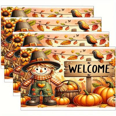 TEMU Autumn Harvest Linen Placemats - 2/4 Pack Woven Hand Washable Square Table Mats With And Pumpkin Design For Dining Table Decoration And Heat Resistance