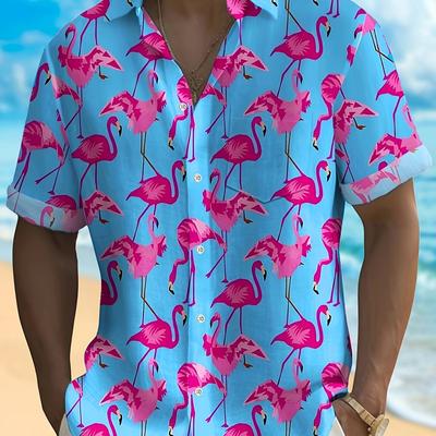 TEMU Men's Allover Flamingo Print Short Sleeve Lapel Shirt For Summer, Casual Comfy Shirts As Gift Image
