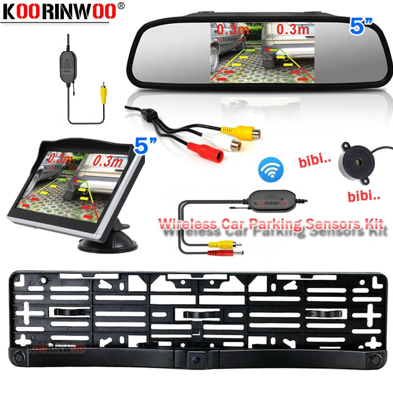 Koorinwoo EU Europäische Lizenz Platte Rahmen Parktronics + Reverse Kamera Auto Parkplatz Sensoren Spiegel-Monitor Rearview Parkplatz Alarm Image