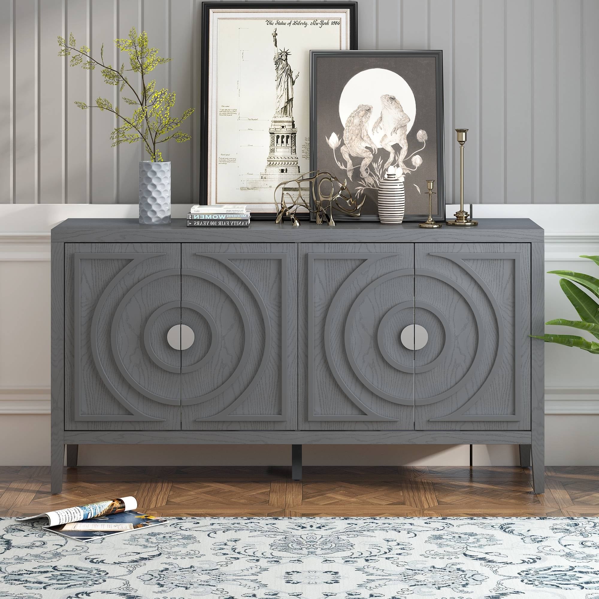 Retro Sideboard with Circular Groove Design and Round Metal Door Handles Buffet/Sideboard