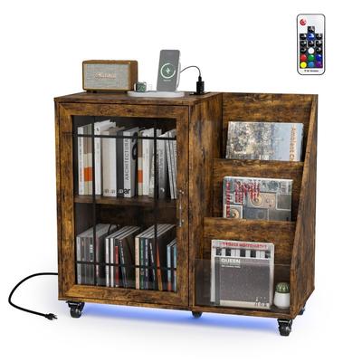 Record Player Stand Storage with LED Lights ＆ Charging Station