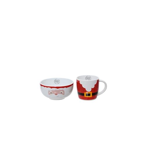 2x Frühstücksgeschirr Keramik 15x15cm - Schüssel & Tasse Set mit Weihnachtsmotiv Weihnachtsgeschirr Geschirr für Weihnachten Schale Becher Weiß Rot