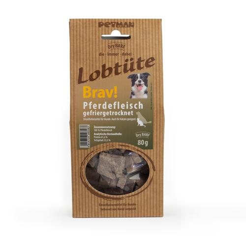 Sparpaket: 10x80g Petman Lobtüte Brav! Pferdefleisch Hundesnacks