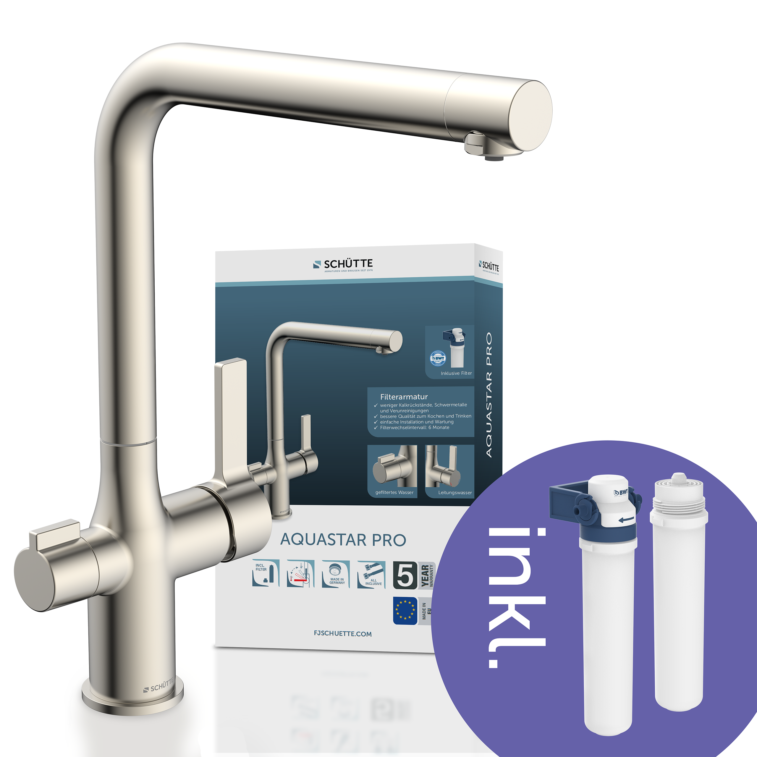 Spültischarmatur SCHÜTTE "AQUASTAR PRO", grau (edelstahl), B:26,5cm H:30cm T:14cm, Messing, Armaturen, mit Filtersystem für Trinkwasser, praktische Cold-Start-Funktion