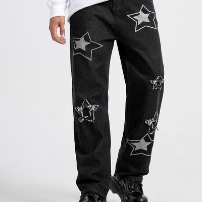 TEMU Men's Denim Street 5 Pointed Star Embroidered Patch Denim Street Dance Hip-hop Skateboard Loose Pants