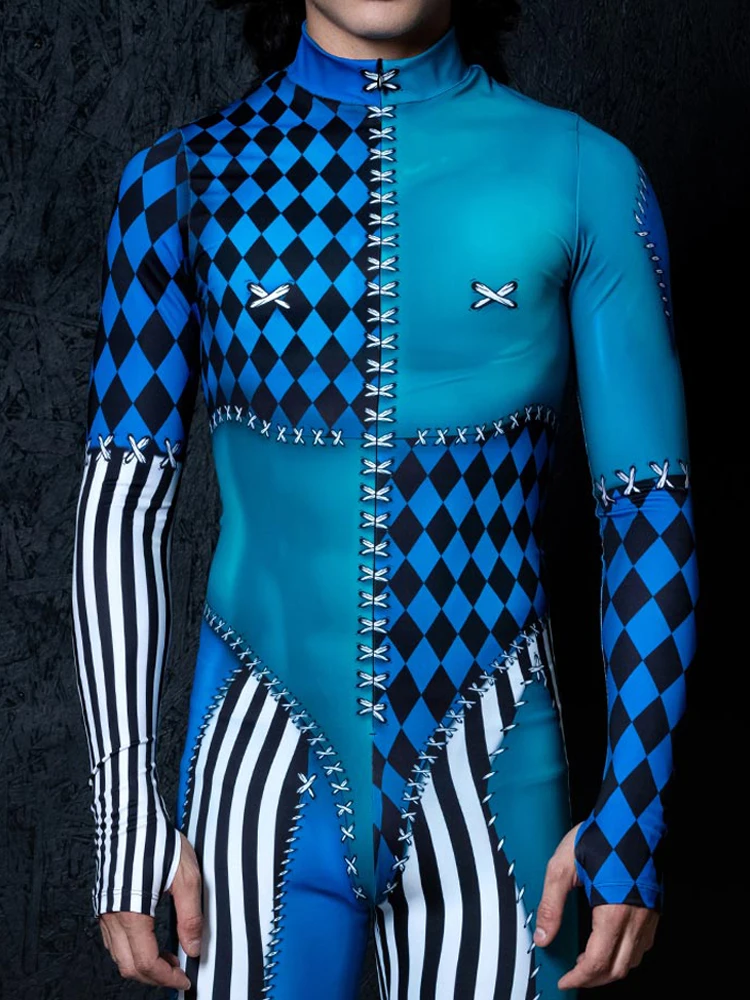 Clown Erwachsene Roboter Cosplay Overall Männer Bunte Colorblock Print Catsuit Urlaub Maskerade Party Zentai Anzug Einzigartige Rave Outfit Image