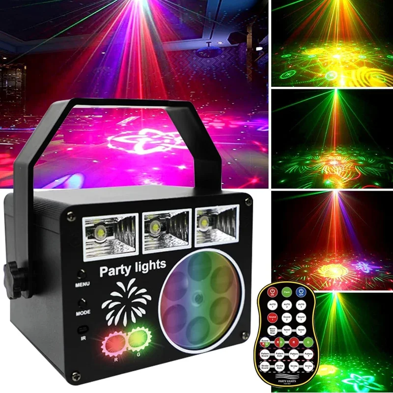 LED DJ Laser Projektor Bühne Disco Lichter Rotierende Kugel Strobe Fernbedienung Sound Control Party Licht für Weihnachten Hochzeit Urlaub Image