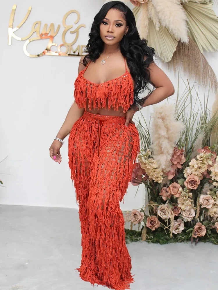 Sexy gehäkelte Quasten-Zweiteiler-Sets für Damen, Strandkleidung, Netz-Neckholder, Schnür-Crop-Top und Hose, Urlaubs-Rave-Festival-Outfit Image