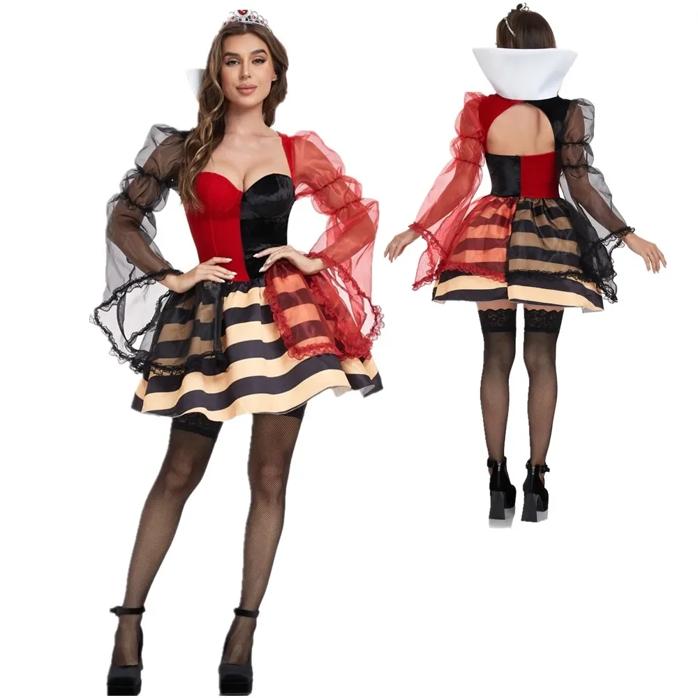 Erwachsene Königin der Herzen Kostüm mit Kopf bedeckung Anzug Poker Queen für Cosplay Frauen Purim Halloween Karneval Party Fantasia Dress Up Image