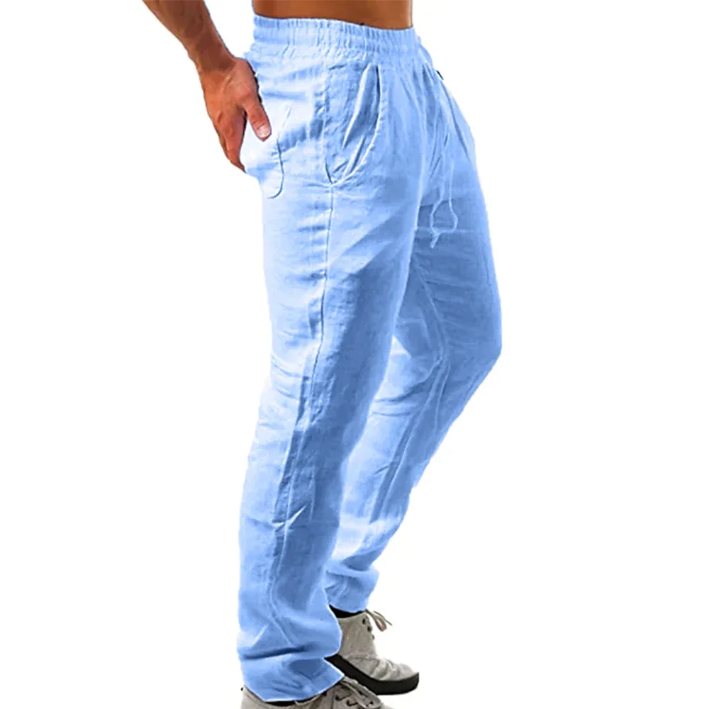 Running Herren Baumwolle Leinen hose Sommer einfarbig atmungsaktive Leinen hose männlich lässig elastische Taille Fitness hose Hip-Hop Image