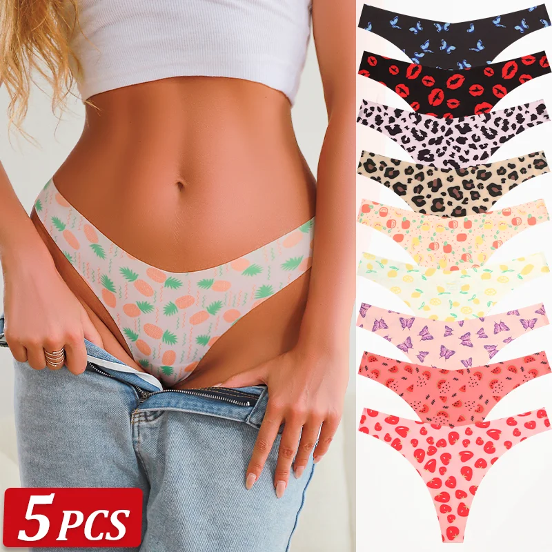 5pcs Frauen ultra dünne G-String nahtlose Druck Riemen sexy Leopard Höschen Damen weiche süße Riemen weiblich S-XL T-Back Höschen Image