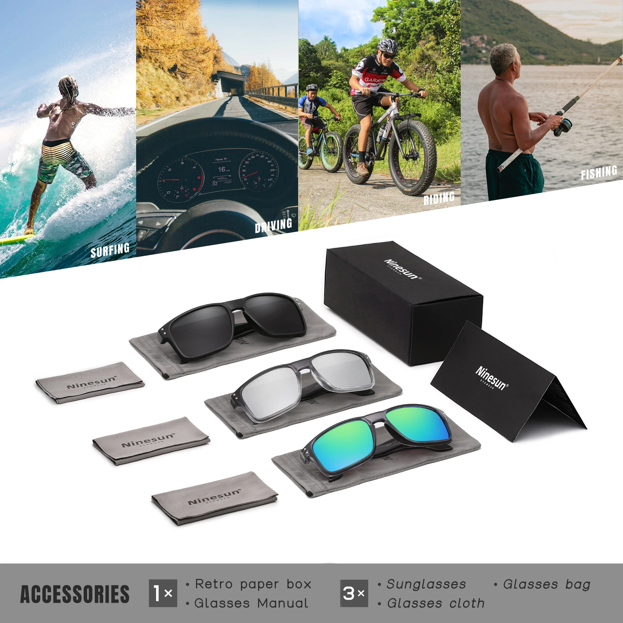 Echte ninesun 3 stücke Sonnenbrille Marke Quadrat Retro tr90 polarisierte Männer Angeln Fahr brille Zubehör Image