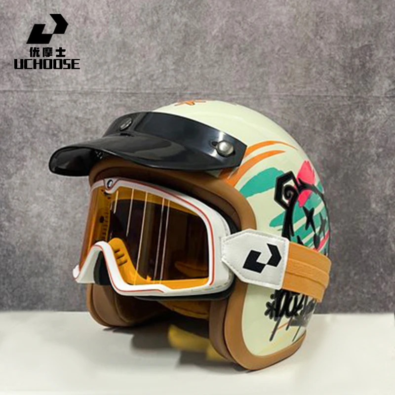UCHOOSE Retro Motorradhelm PU Leder Open Face 3/4 Chopper Fahrradhelme Classic Casco Moto Vintage Image