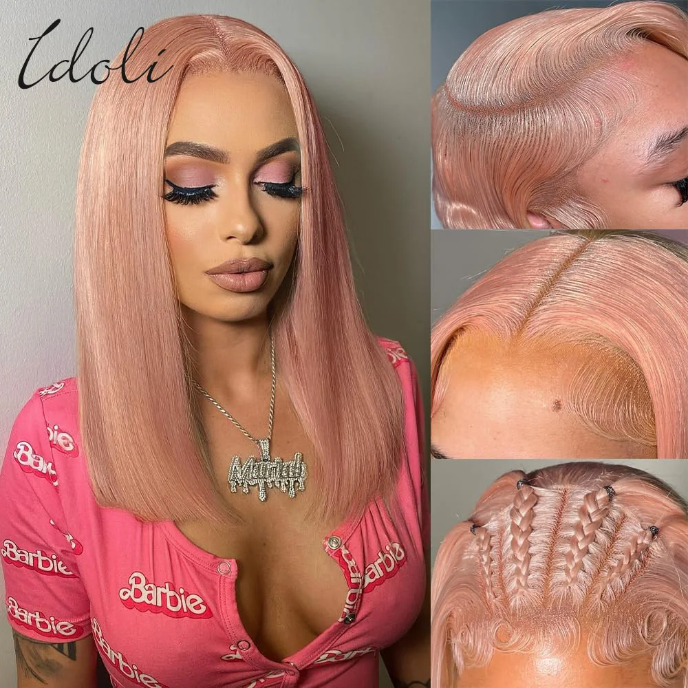 Rosa Blonde Bob Perücke Echthaar Kurze Rose Gold Echthaar Perücken 13X4 HD Für Frauen Erdbeerblonde Gerade BOB Spitze Vorne Perücke