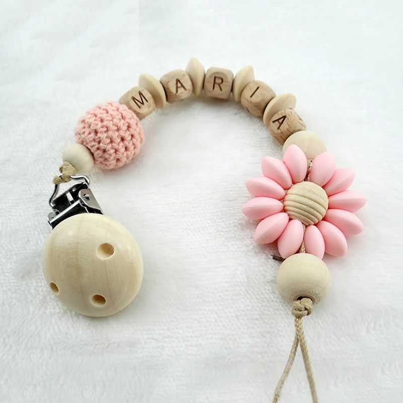 Personalisierte Schnullerclips für Babys, Silikon, individueller Name, Schnullerketten, Brustwarzen, Befestigungshalter, Blume, Kleinkindparty, Geschenke, Halskette Image
