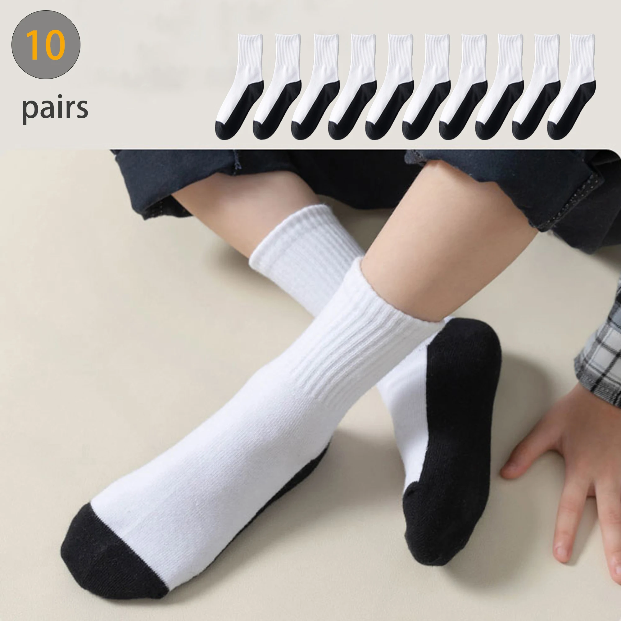 10er Pack Kinder socken Baumwoll mischung, Crew-Socken für Jungen und Mädchen, einfarbige, weiße, bequeme, atmungsaktive Schul socken Image